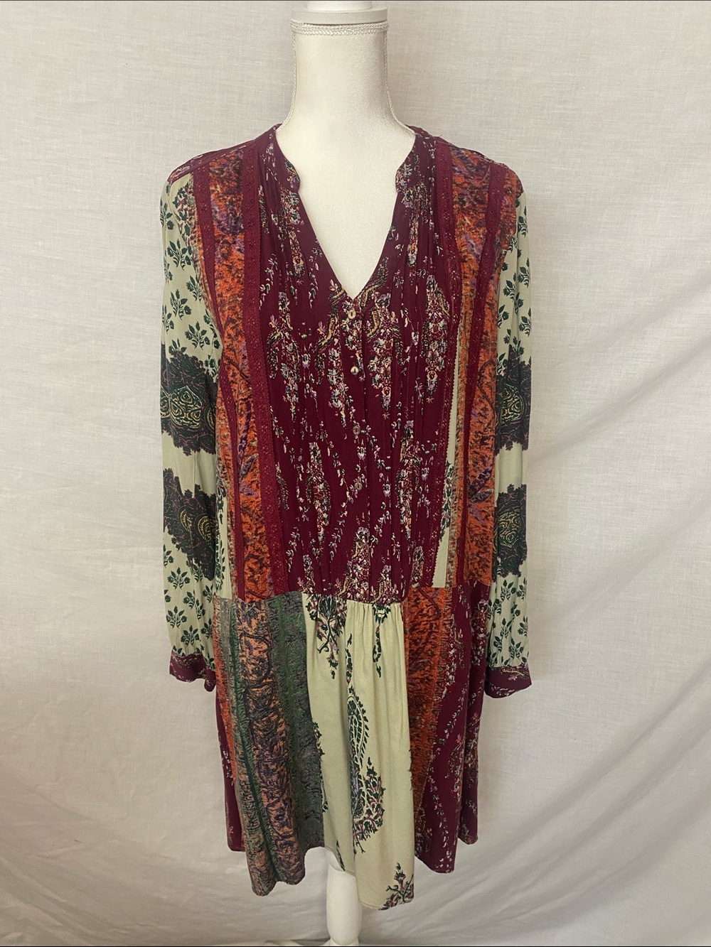Boho Anthropologie Patchwork Long-Sleeve Midi Dress in Burgundy and Cream
